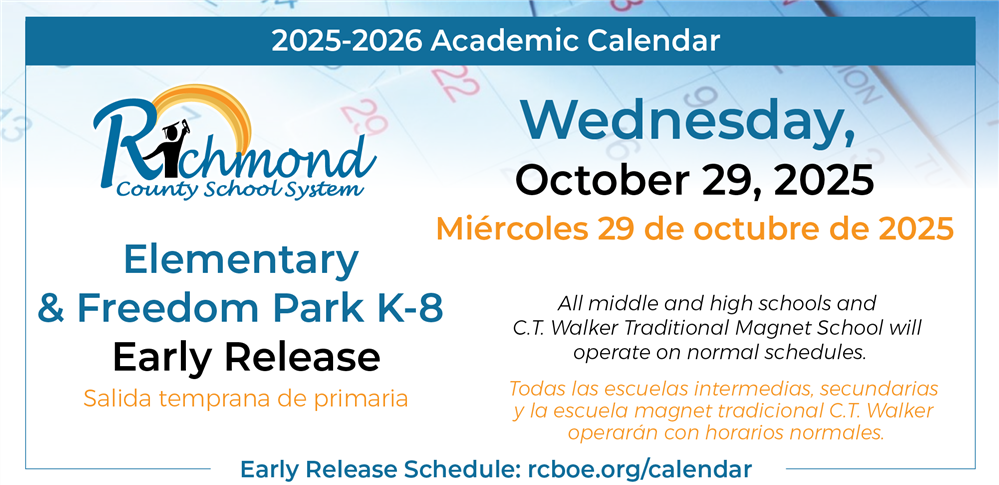 graphic with text that says Wednesday, October 29, Elementary and Freedom Park K8 Early Release